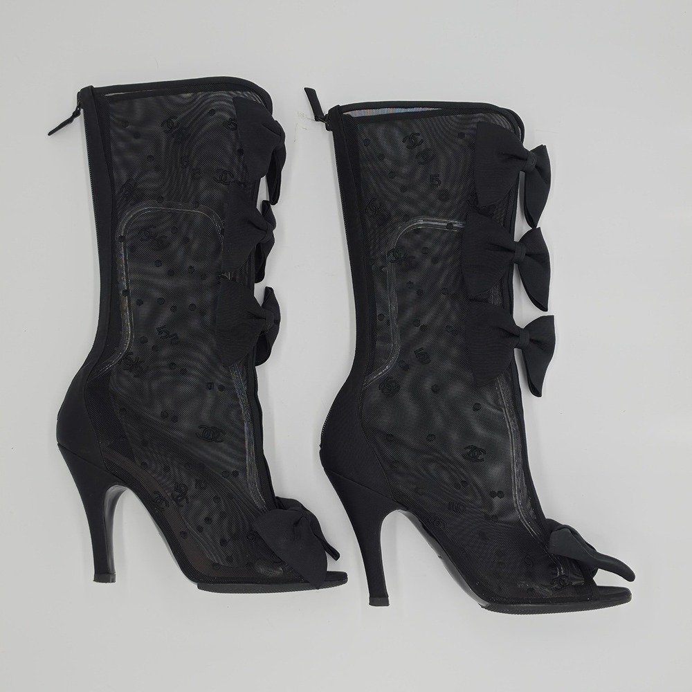 Chanel Black Mesh CC Logo Bow Peep Toe Mid Calf Stiletto Boots 36.5 C Italy - Picture 4 of 10